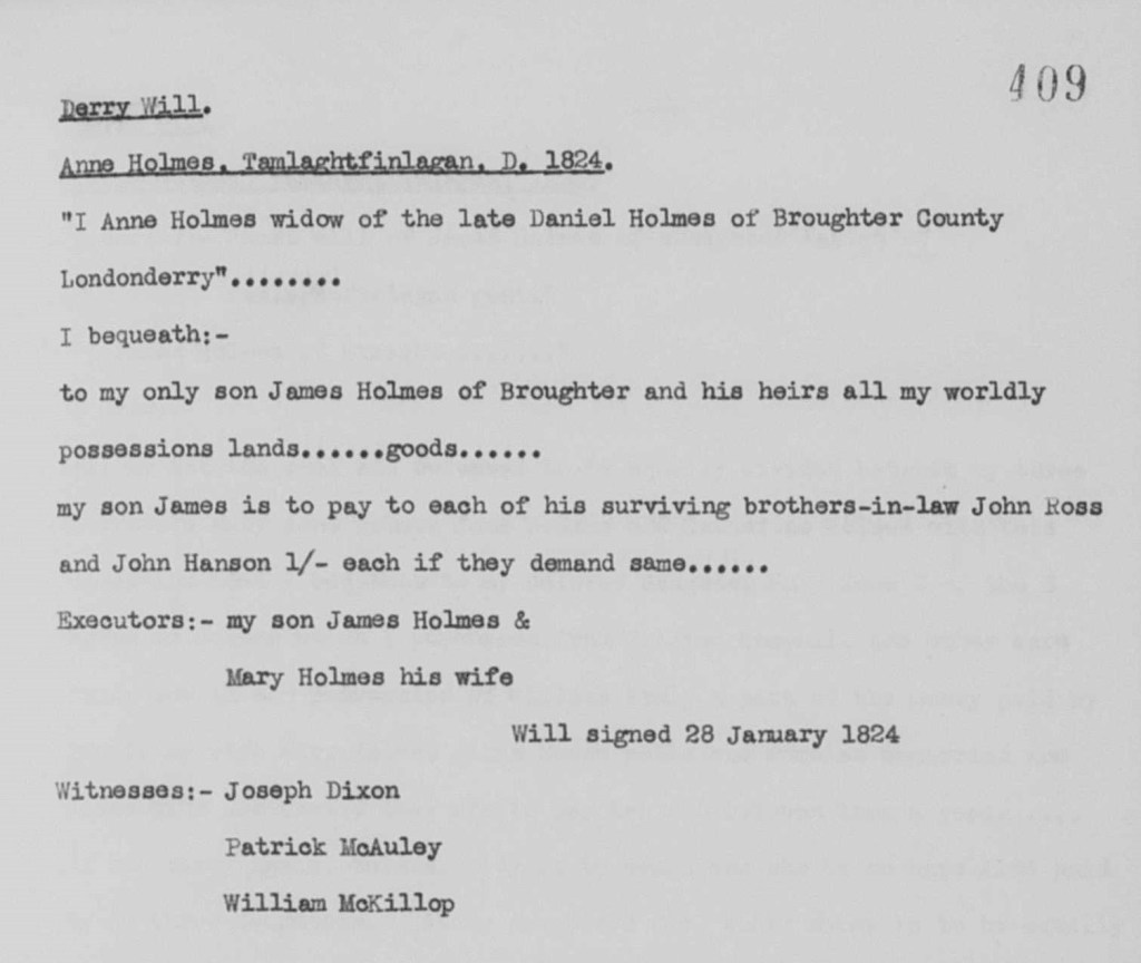Derry Will. Anne Holmes, Tamlaghtfinlaghan, Broughter, Londonderry, 1824