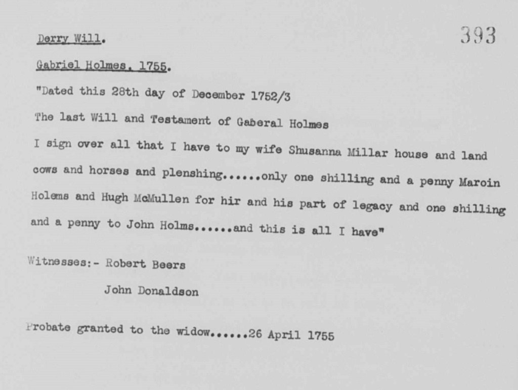 Derry will. Gabriel Holmes 1755