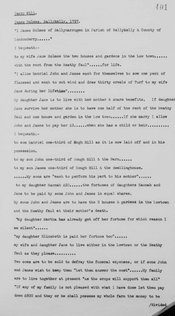 Derry Will. James Holmes, Ballnarrogen, Ballykelly, Londonderry, 1797 T681/401