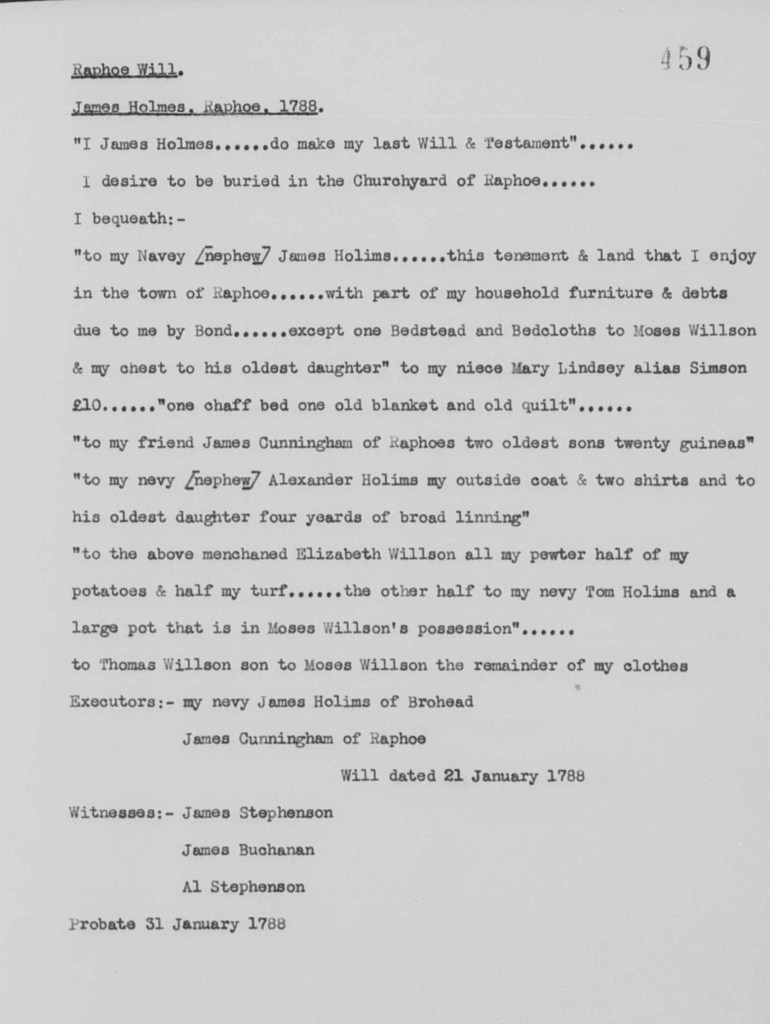 Raphoe will. James Holmes, Raphoe 1788