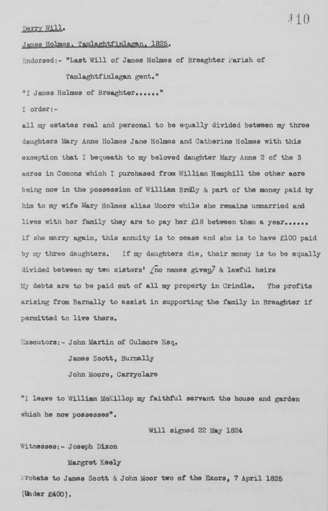 Serry Will. James Holmes, Tamlaghtfinlaghan, Co Londonderry, 1825