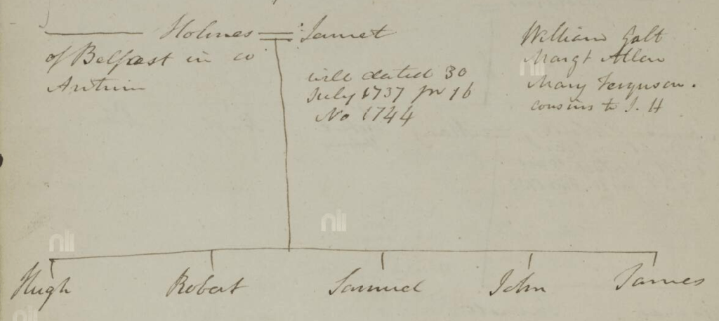 1737 will tree of Janet Holmes of Belfast.
