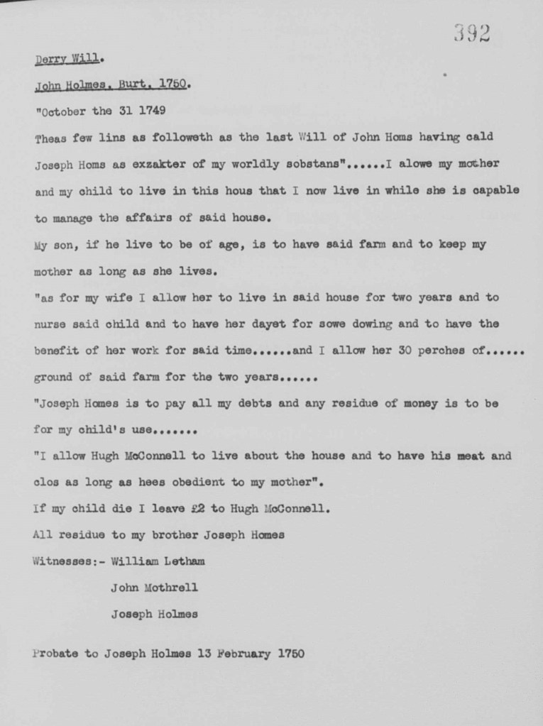 Derry Will. John Holmes, Burt, 1750