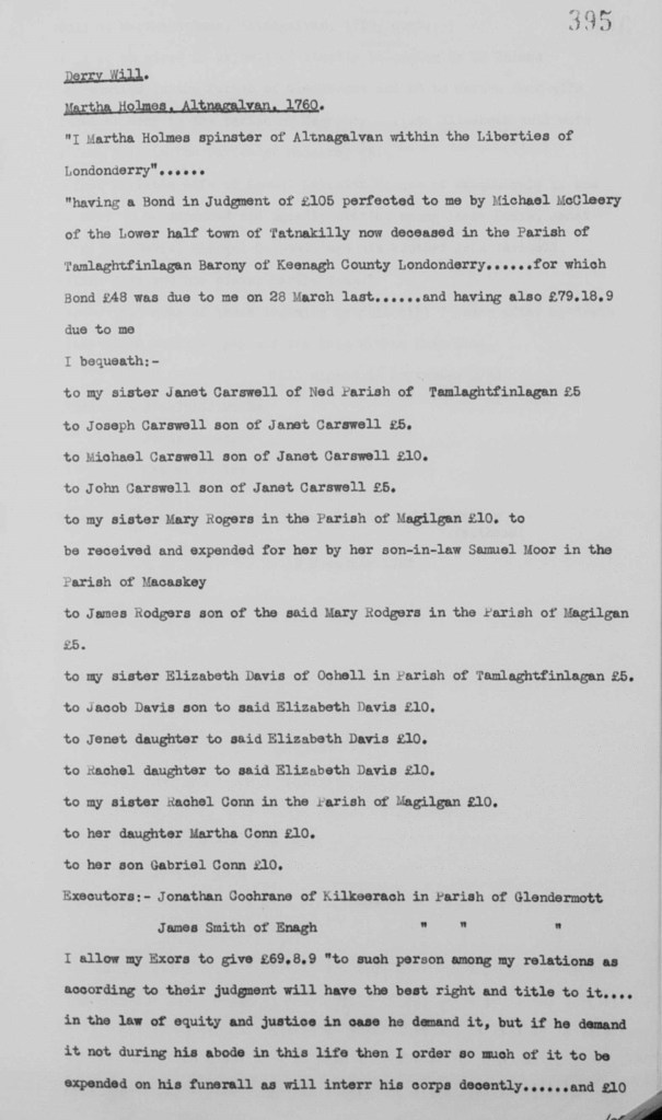 Derry Will. Martha Holmes, Altnagelvin, Co Londonderry, 1760