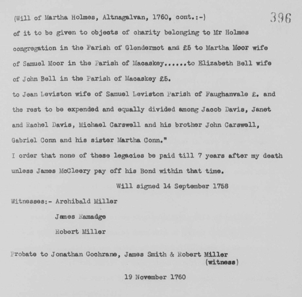 Derry Will. Martha Holmes, Altnagelvin, Co Londonderry, 1760