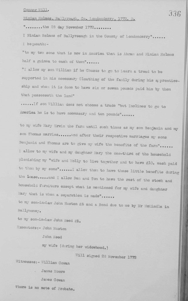 Connor will. Ninian Holmes, Ballyreagh, Co Londonderry, 1772