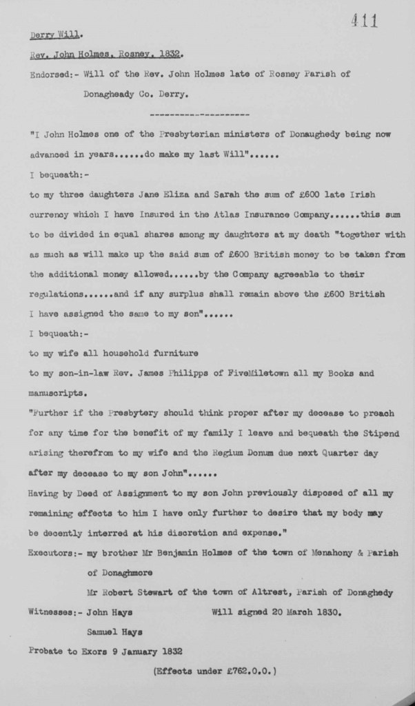 Derry Will. Rev John Holmes, Rosney, Minister of Dongheady, 1832