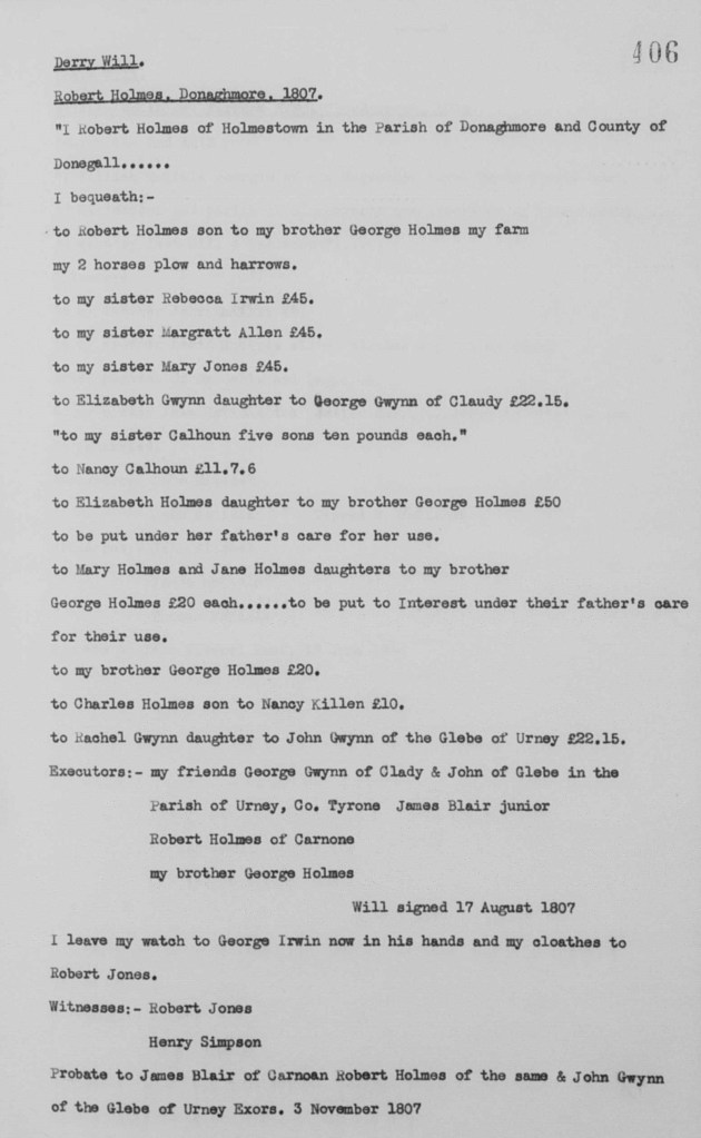 Derry will. Robert Holmes of holmestown, Donaghmore 1807
