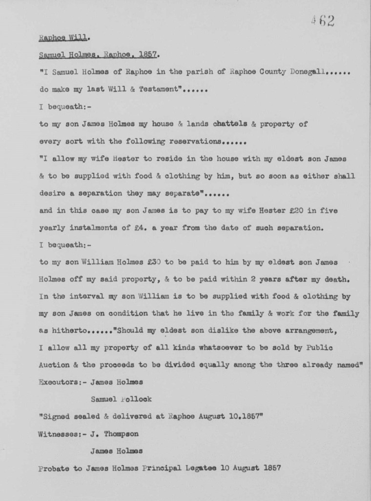 Raphoe Will. Samuel Holmes, Raphoe, 1857