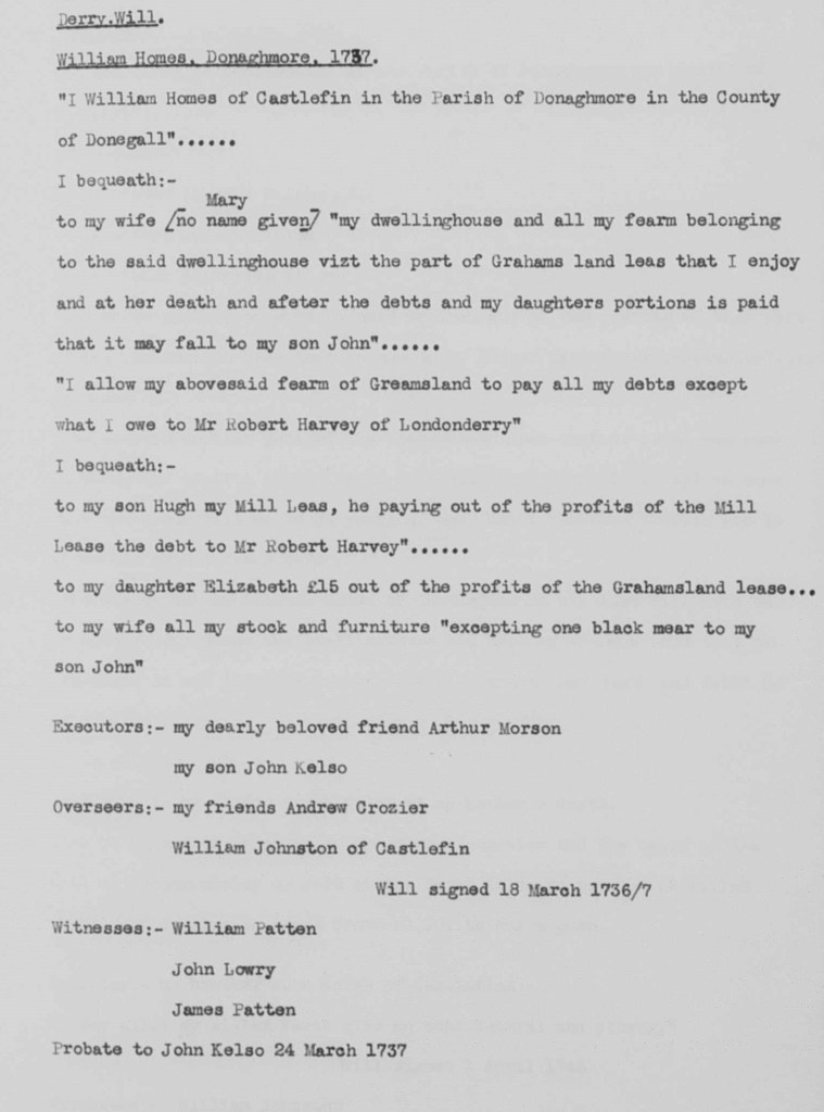 Derry Will. William Homes of Castlefin, Donaghmore parish, 1737