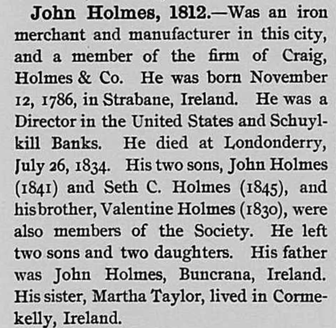 John Holmes born Strabane emigrated to Philadelphia.