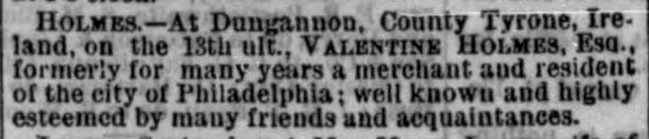 Valentine Holmes died at Dungannon 13 Aug 1870