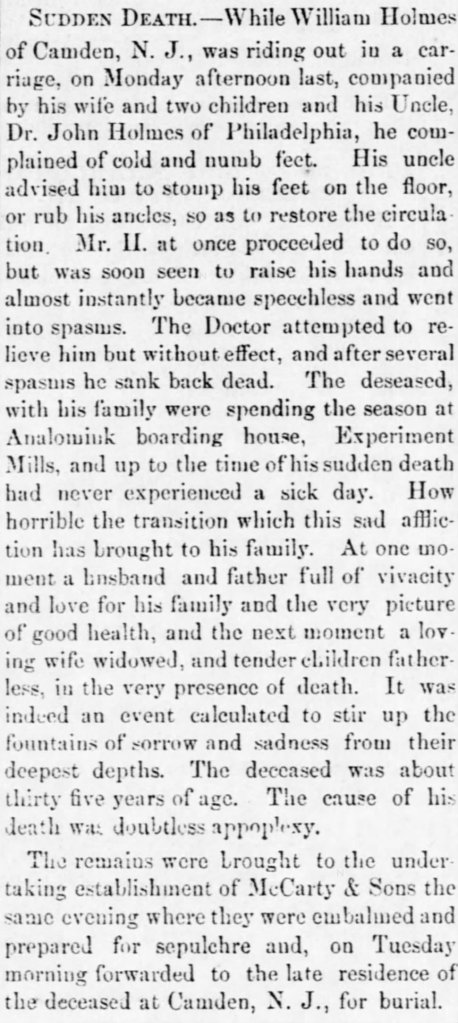 Obituary, William Holmes grocer, nephew of Dr John Holmes of Philadelphia