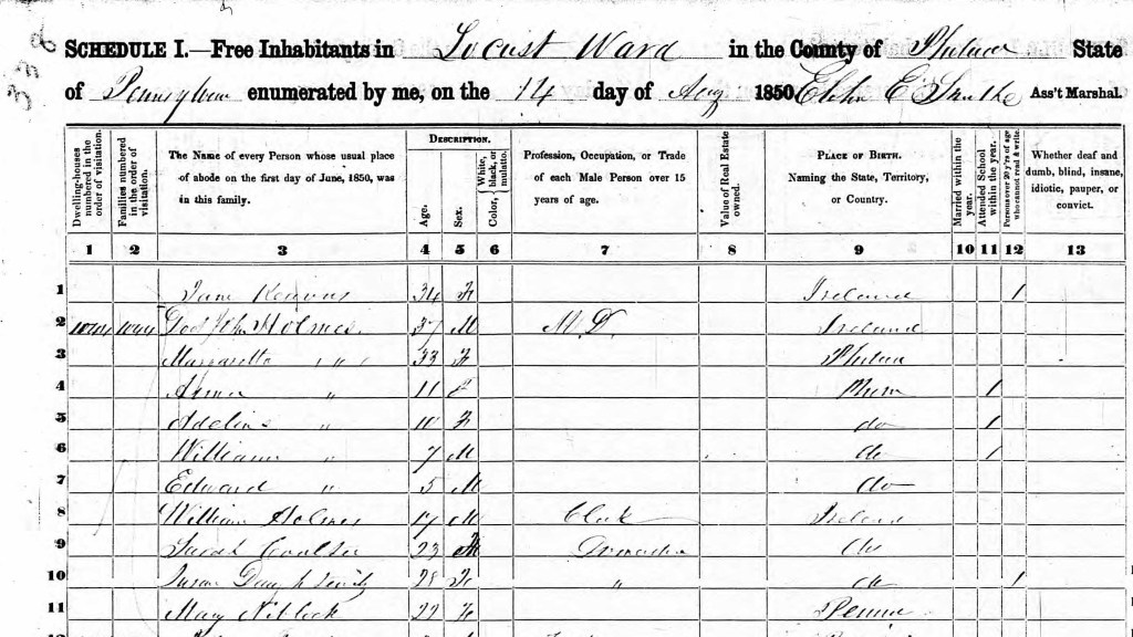 Dr John Homes 1850 census