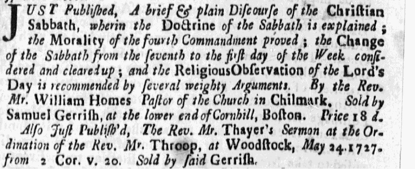 Just published - A brief & plan discourse of the Christian Sabbath by Rev William Homes of Chilmark