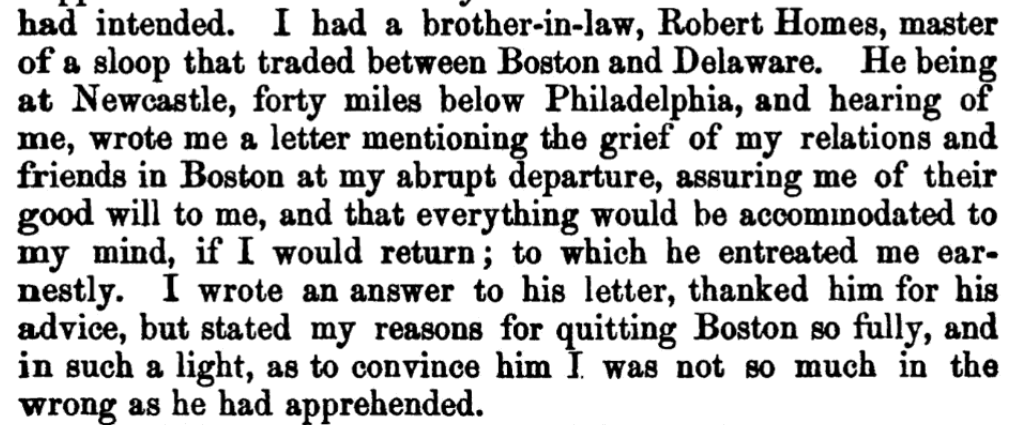 Autobiography of Benjamin Franklin mentions brother-in-law, Robert Homes.
