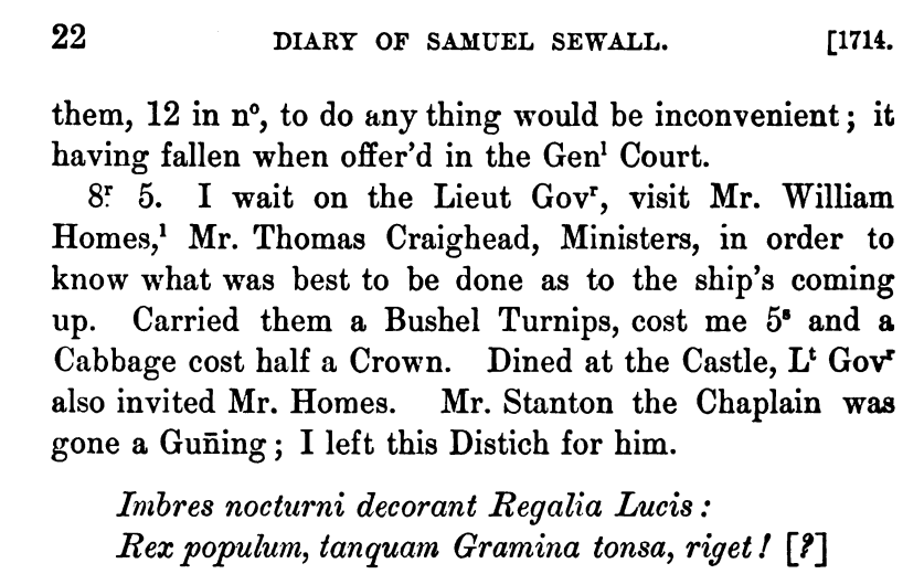 Diary of Samuel Sewall. He visits Mr William Homes and Mr Thomas Craighead, ministers.