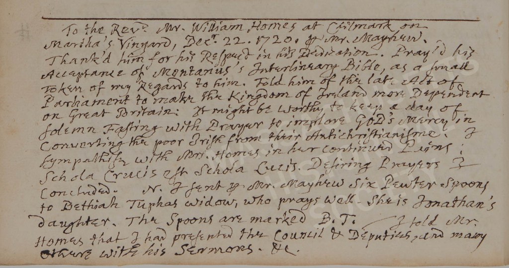 Samuel Sewall letter to Rev William Homes of Chilmark