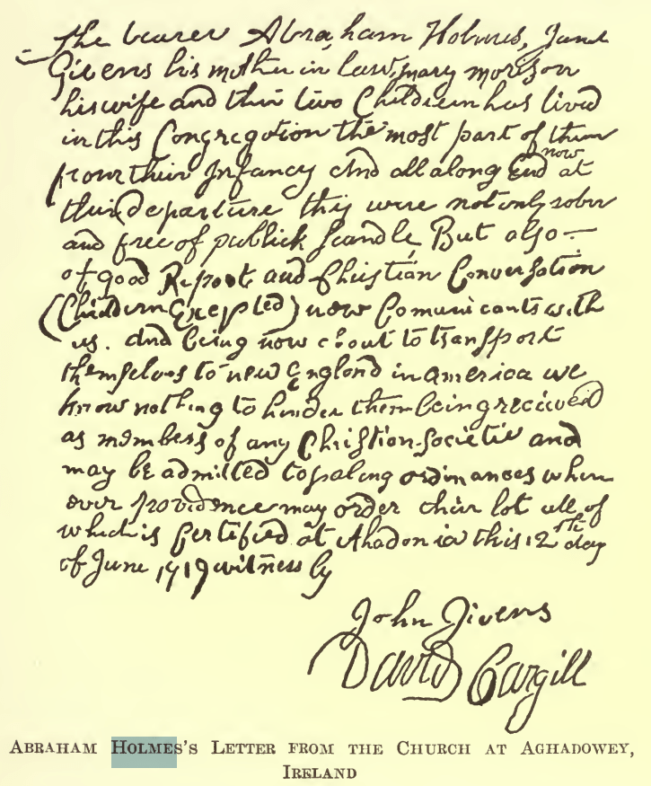 testimonnial for Abraham Holmes of Aghadowey.