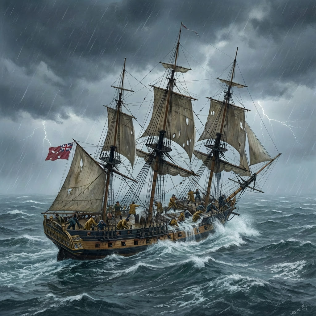 Historic wooden sailing ship tilting in rough seas during a lightning storm with rain.