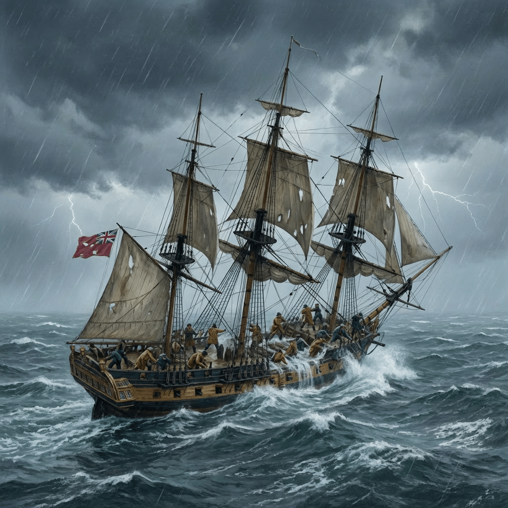 Historic wooden sailing ship tilting in rough seas during a lightning storm with rain.
