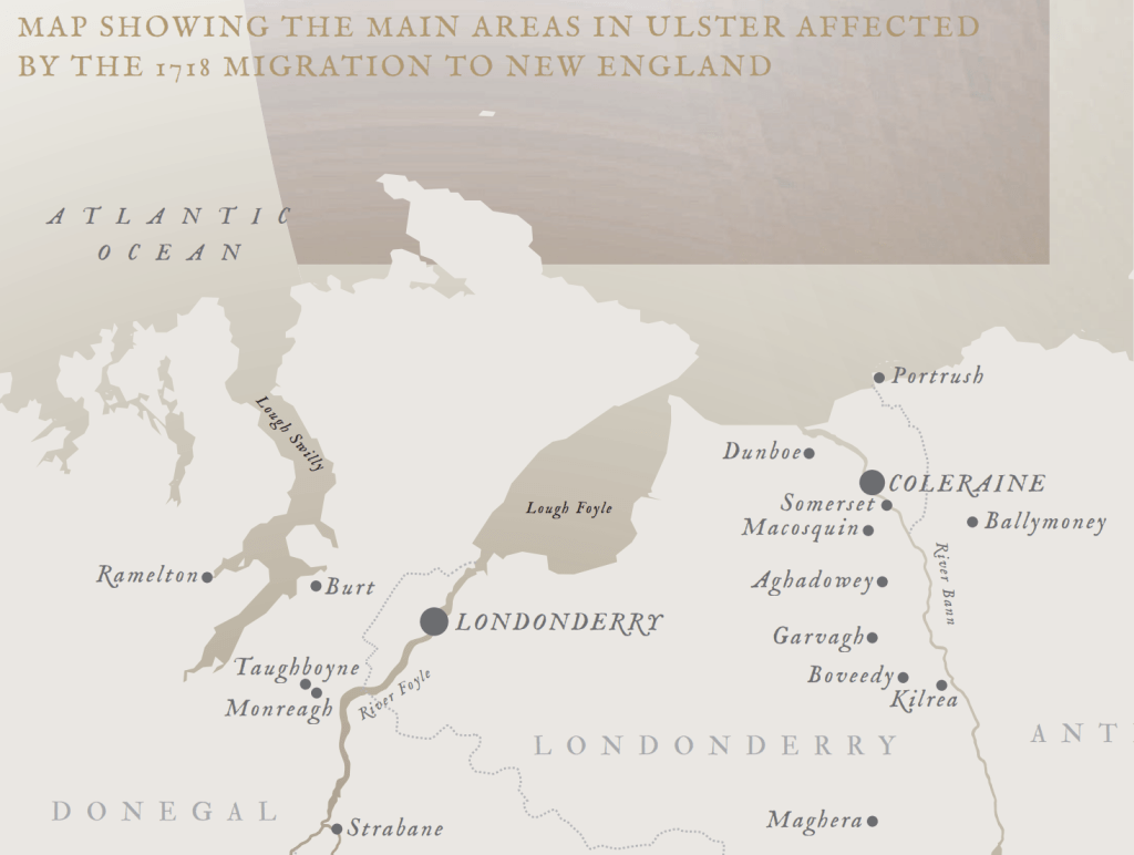 map of areas in Ulster impacted by 1718 migration to New England