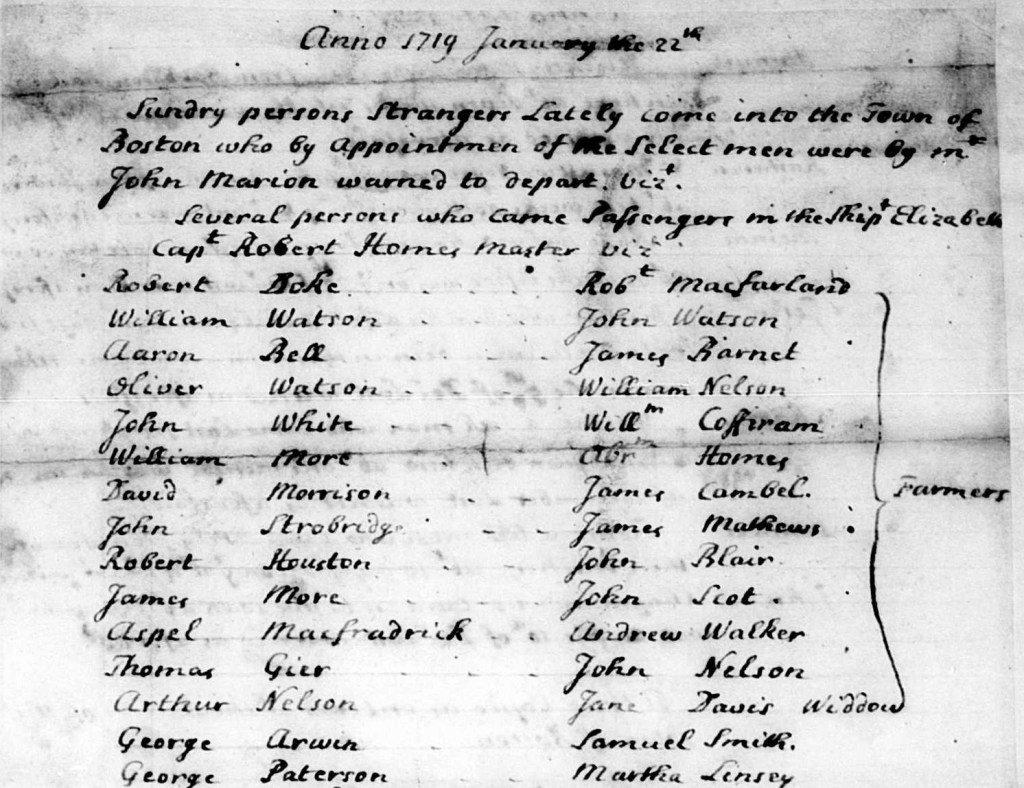 Jan 22 1719. 30 pesons warned out by the Selectmen of Boston: passengers of the ship Elizabeth, Capt Robert Homes master.
