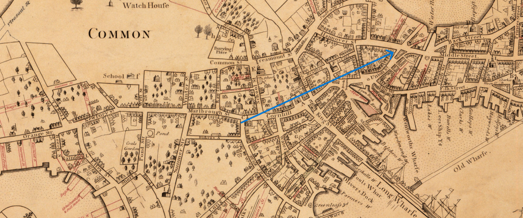 Map of Boston showing the location of Josiah Franklin's old and new house.