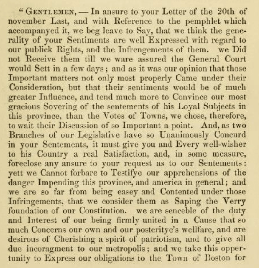 Norton letter in support of Boston 1773